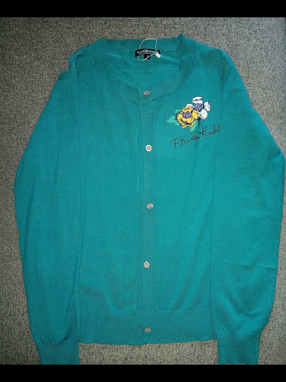 SHEIN Teal Green Cardigan with Floral Frida Kahlo Portrait - Picture 2 of 3
